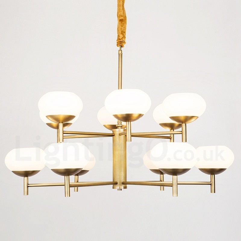 12 Light Retro Rustic Luxury Brass Pendant Lamp Chandelier with Glass Shade