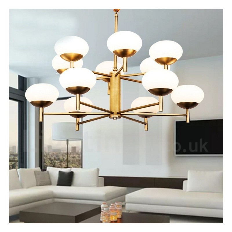 12 Light Retro Rustic Luxury Brass Pendant Lamp Chandelier with Glass Shade