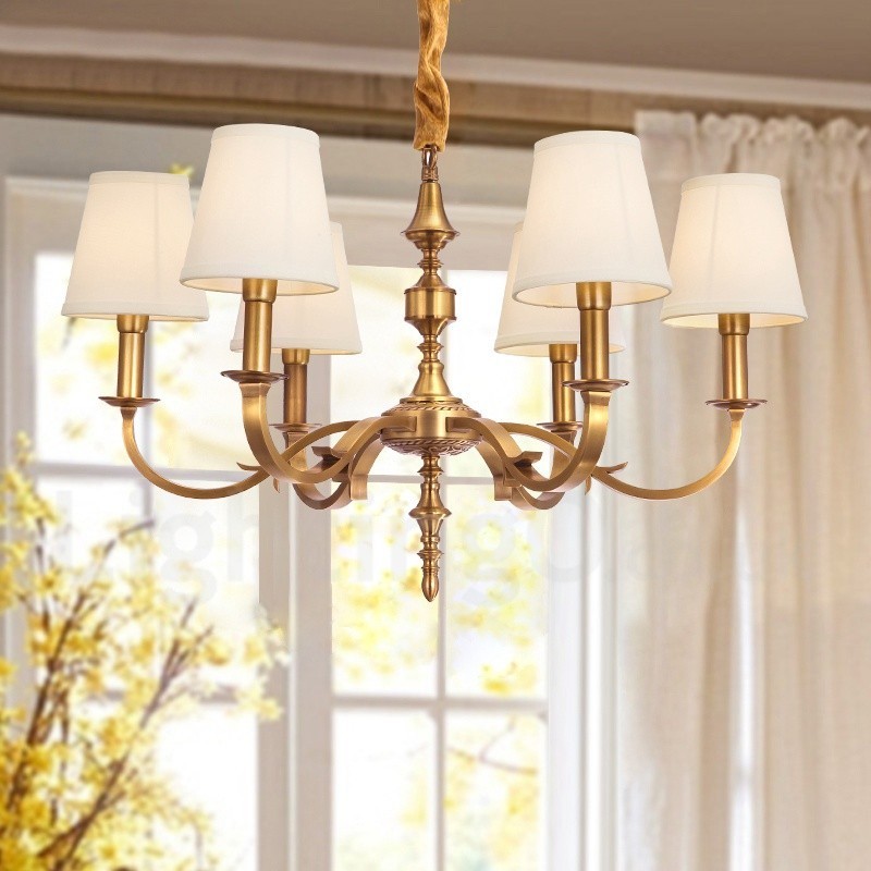 6 Light Retro Rustic Luxury Brass Pendant Lamp Chandelier with Fabric Shade