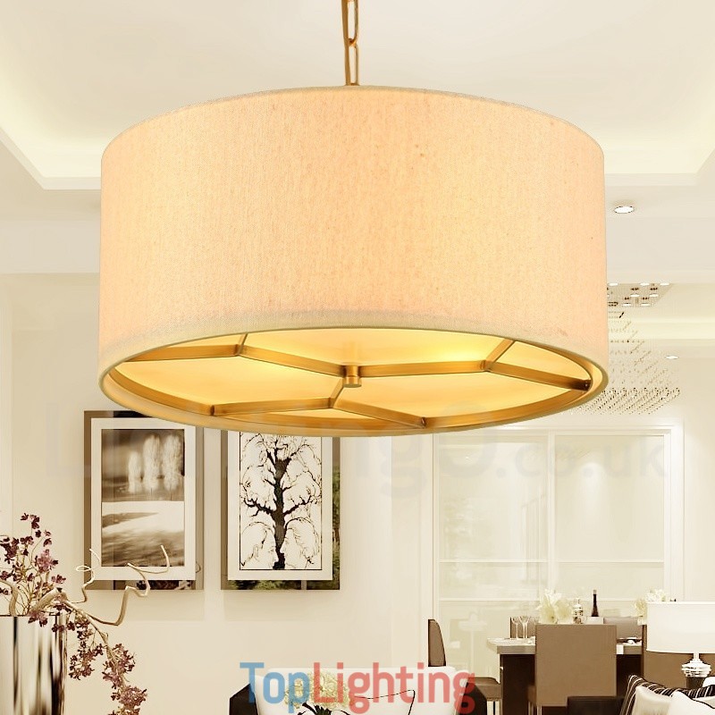 4 Light Retro Rustic Luxury Brass Pendant Lamp Chandelier with Fabric Shade