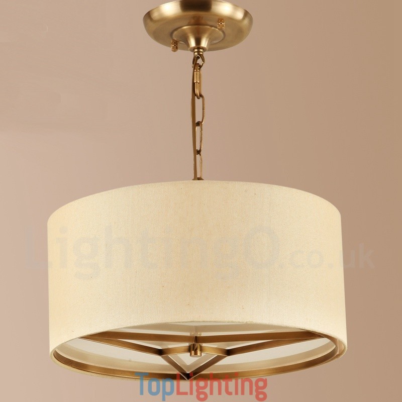 4 Light drum Retro Rustic Luxury Brass Pendant Lamp Chandelier with Fabric Shade