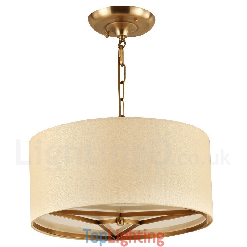 4 Light drum Retro Rustic Luxury Brass Pendant Lamp Chandelier with Fabric Shade