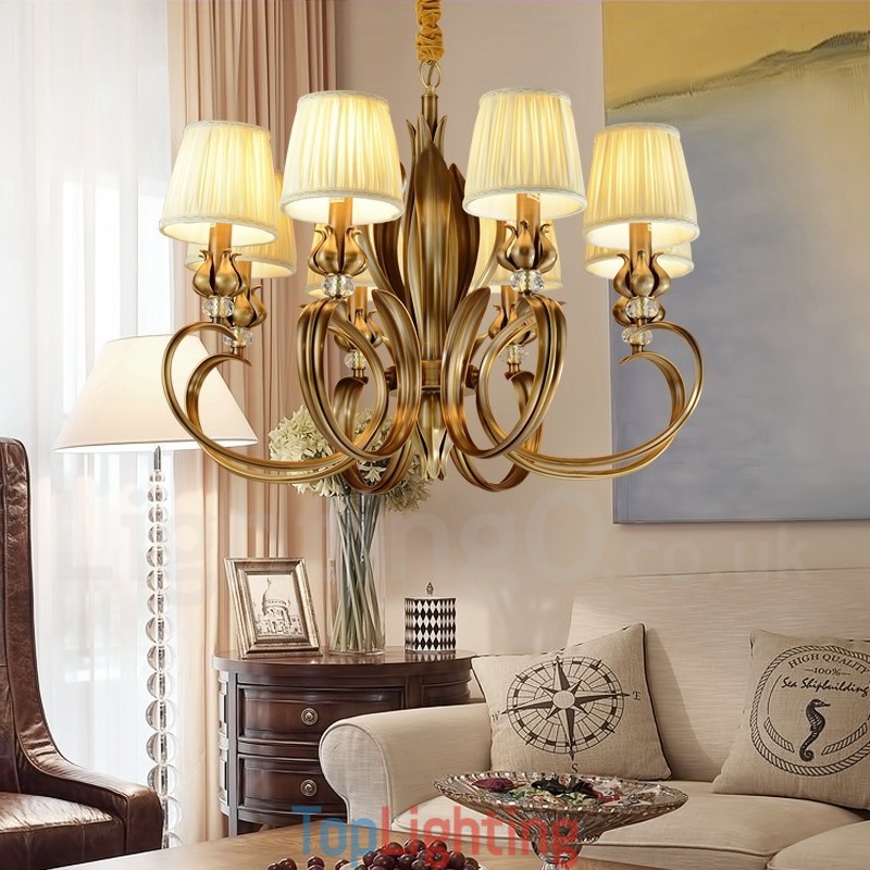 8 Light Retro Rustic Luxury Brass Pendant Lamp Chandelier with Fabric Shade