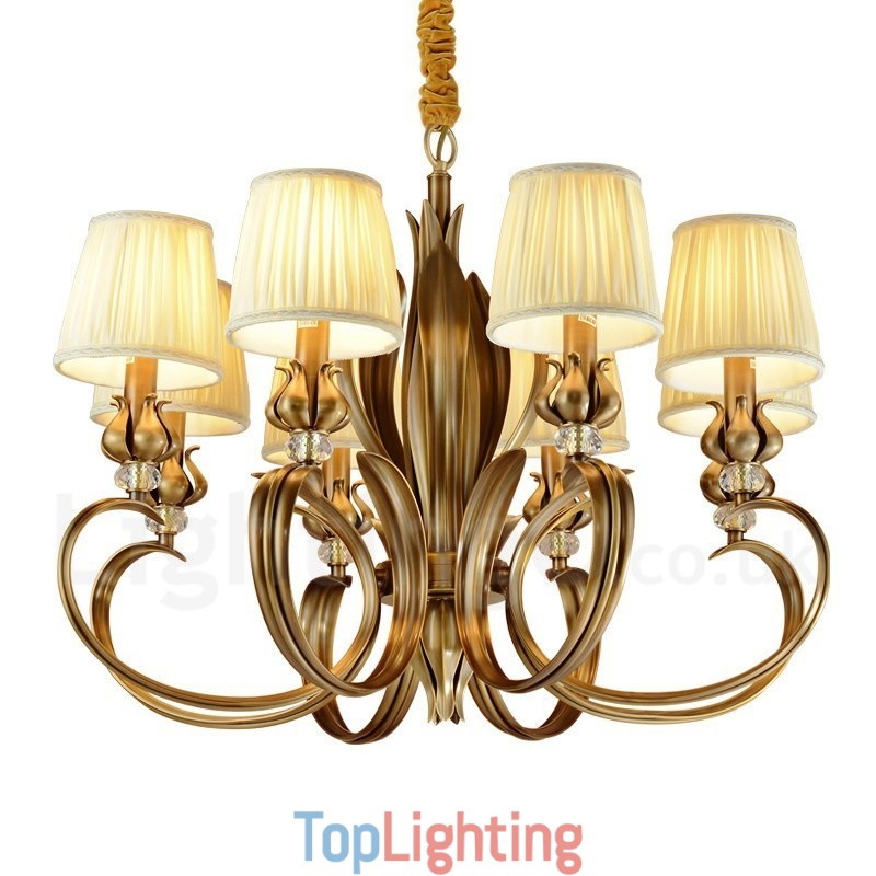 8 Light Retro Rustic Luxury Brass Pendant Lamp Chandelier with Fabric Shade