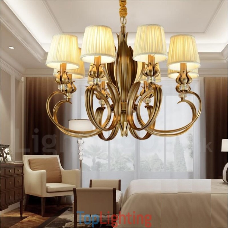 8 Light Retro Rustic Luxury Brass Pendant Lamp Chandelier with Fabric Shade