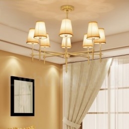 8 Light Retro Rustic Luxury Brass Pendant Lamp Chandelier with Fabric Shade