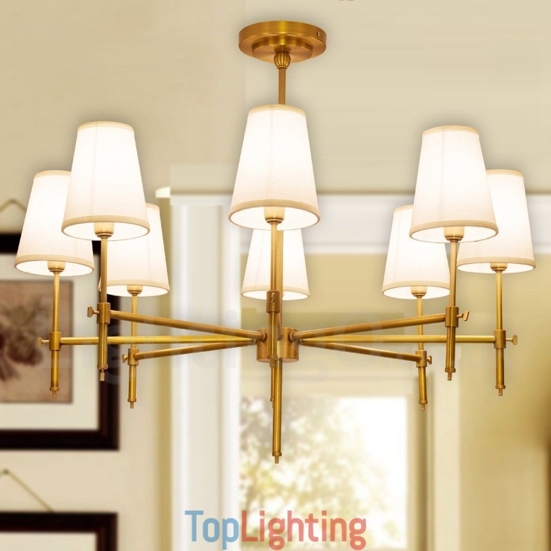 8 Light Retro Rustic Luxury Brass Pendant Lamp Chandelier with Fabric Shade