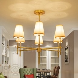 6 Light Retro Rustic Luxury Brass Pendant Lamp Chandelier with Fabric Shade