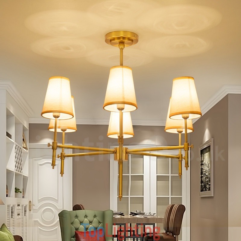6 Light Retro Rustic Luxury Brass Pendant Lamp Chandelier with Fabric Shade