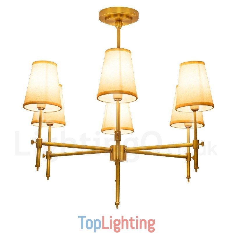 6 Light Retro Rustic Luxury Brass Pendant Lamp Chandelier with Fabric Shade