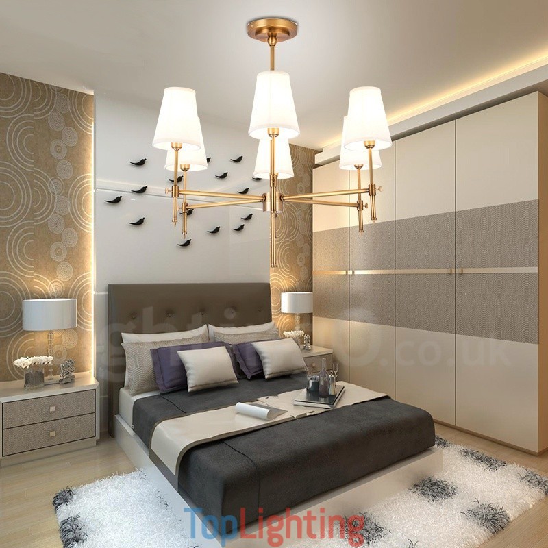 6 Light Retro Rustic Luxury Brass Pendant Lamp Chandelier with Fabric Shade