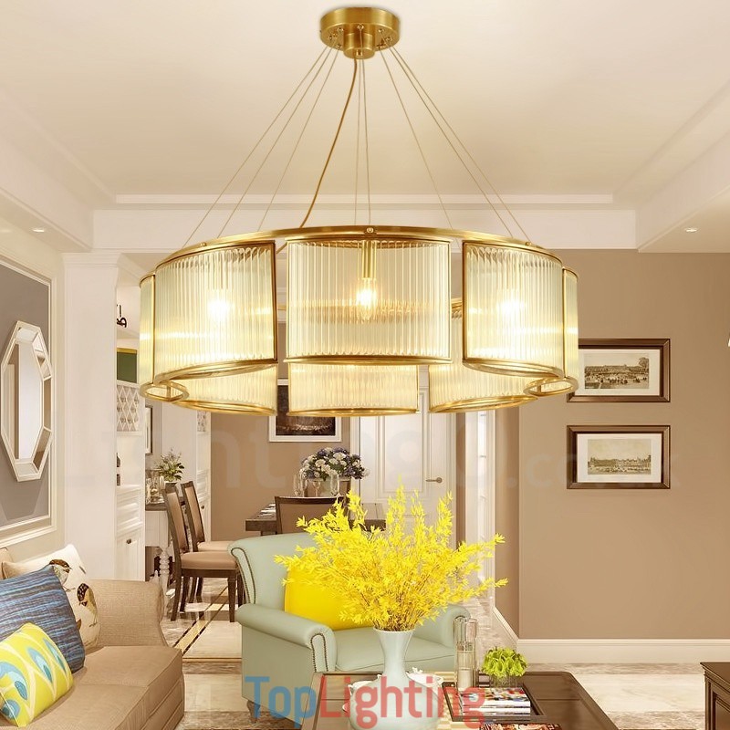 8 Light Retro Rustic Luxury Brass Pendant Lamp Chandelier with Glass Shade