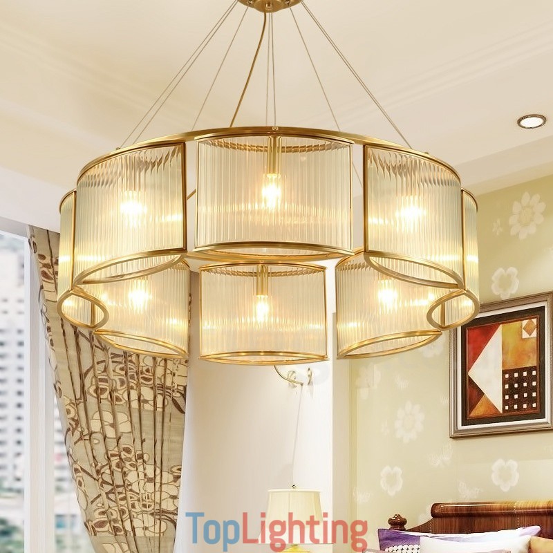 8 Light Retro Rustic Luxury Brass Pendant Lamp Chandelier with Glass Shade
