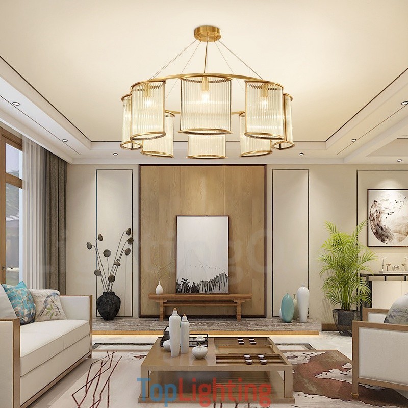 8 Light Retro Rustic Luxury Brass Pendant Lamp Chandelier with Glass Shade