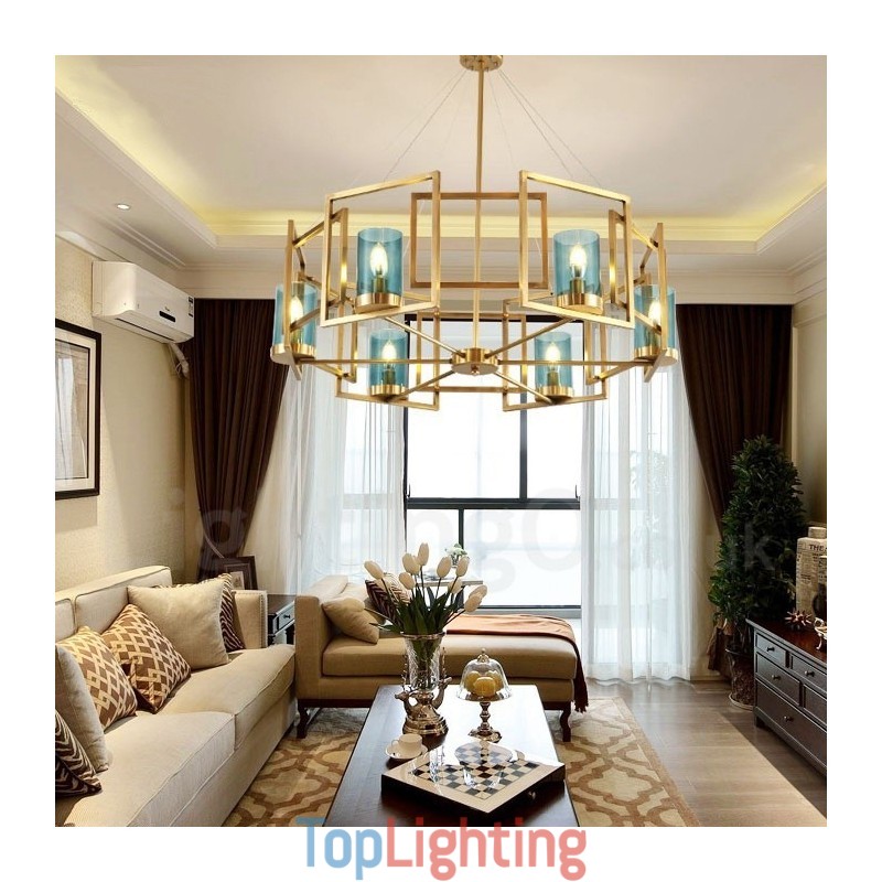 6 Light Retro Rustic Luxury Brass Pendant Lamp Chandelier with Glass Shade