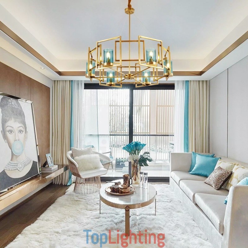 6 Light Retro Rustic Luxury Brass Pendant Lamp Chandelier with Glass Shade