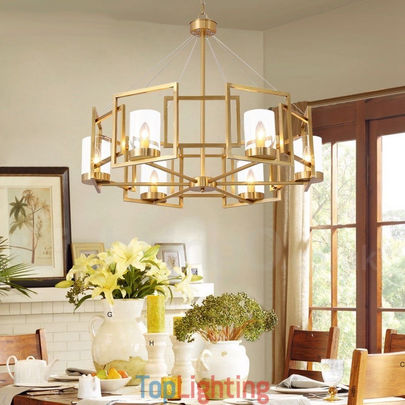 6 Light Retro Rustic Luxury Brass Pendant Lamp Chandelier with Glass Shade