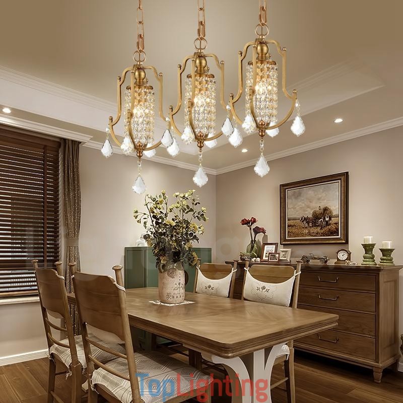 1 Light Retro Rustic Luxury Brass Pendant Lamp Chandelier with Crystal Shade
