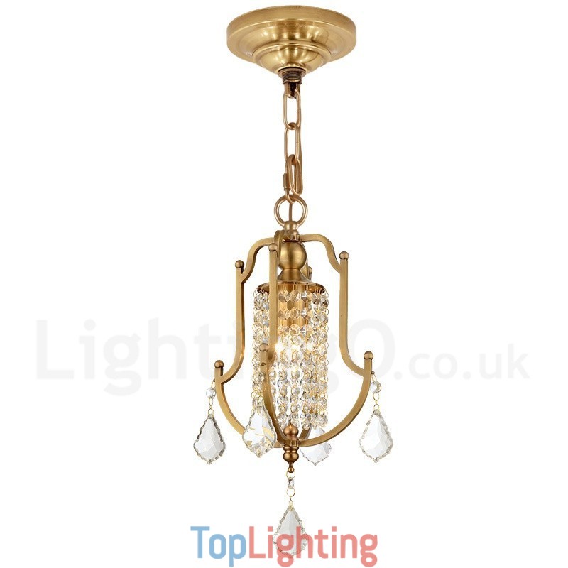 1 Light Retro Rustic Luxury Brass Pendant Lamp Chandelier with Crystal Shade