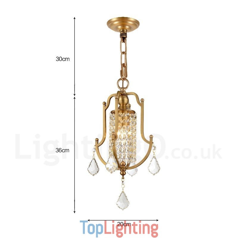 1 Light Retro Rustic Luxury Brass Pendant Lamp Chandelier with Crystal Shade
