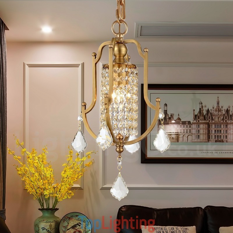 1 Light Retro Rustic Luxury Brass Pendant Lamp Chandelier with Crystal Shade