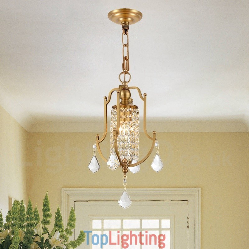 1 Light Retro Rustic Luxury Brass Pendant Lamp Chandelier with Crystal Shade