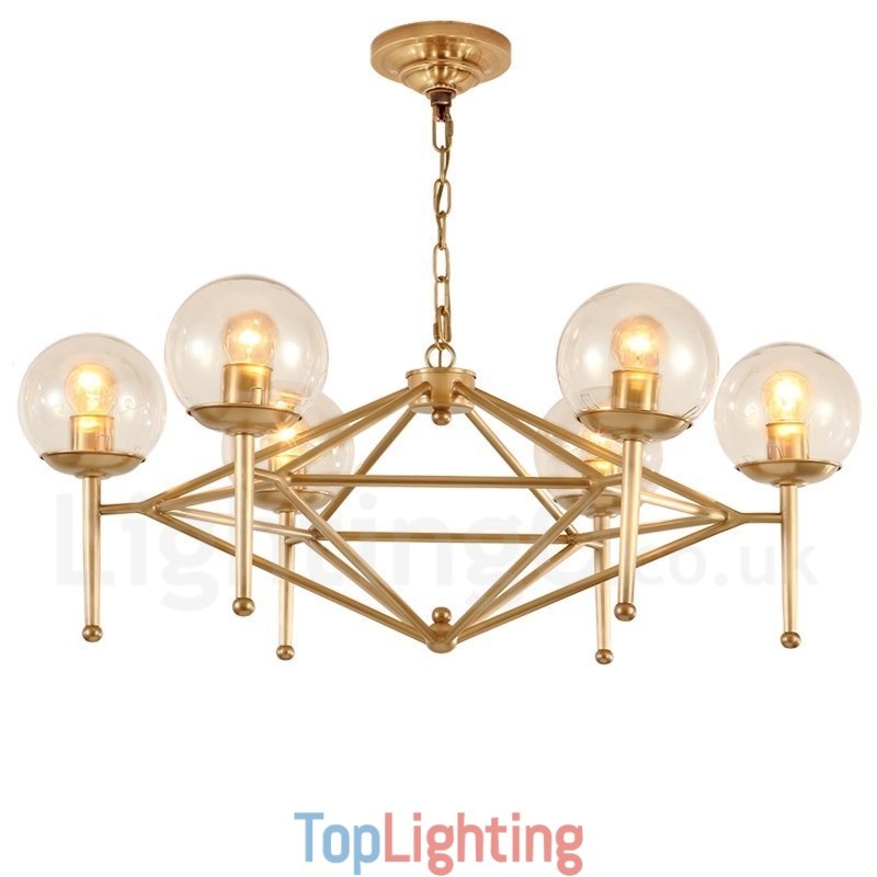 6 Light Retro Rustic Luxury Brass Pendant Lamp Chandelier with Glass Shade