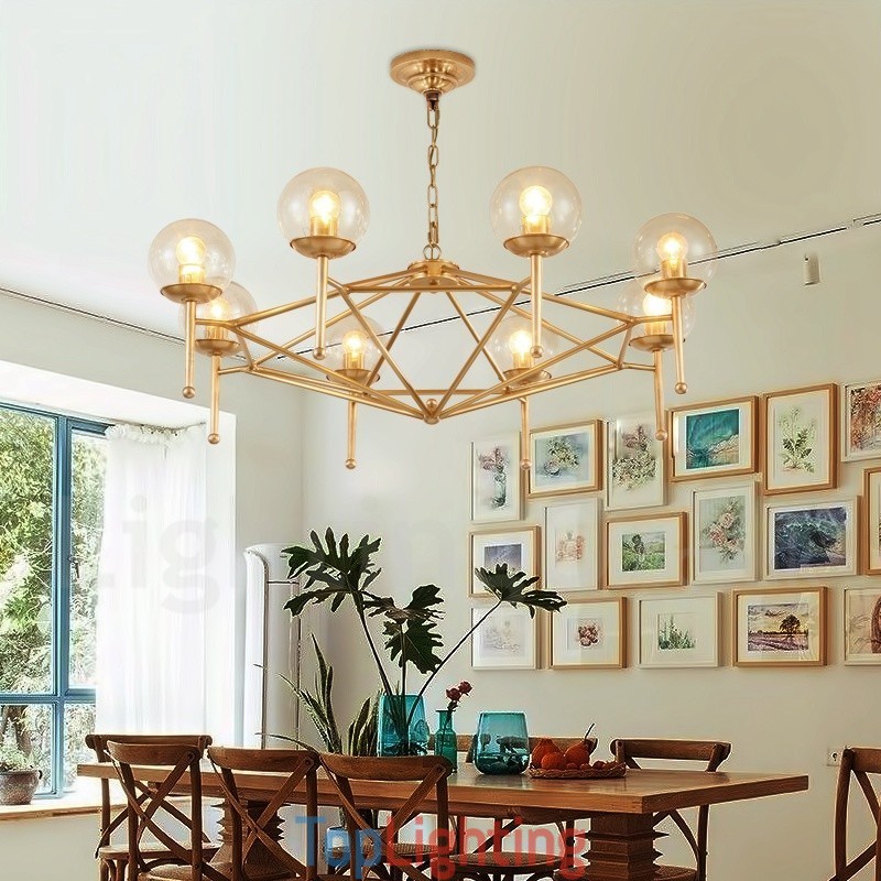 6 Light Retro Rustic Luxury Brass Pendant Lamp Chandelier with Glass Shade
