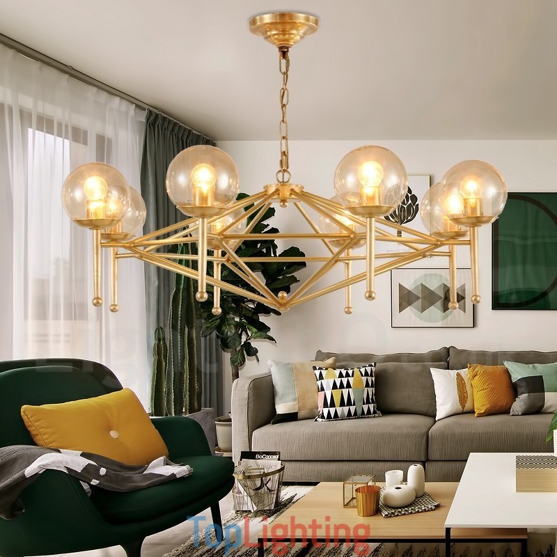 6 Light Retro Rustic Luxury Brass Pendant Lamp Chandelier with Glass Shade