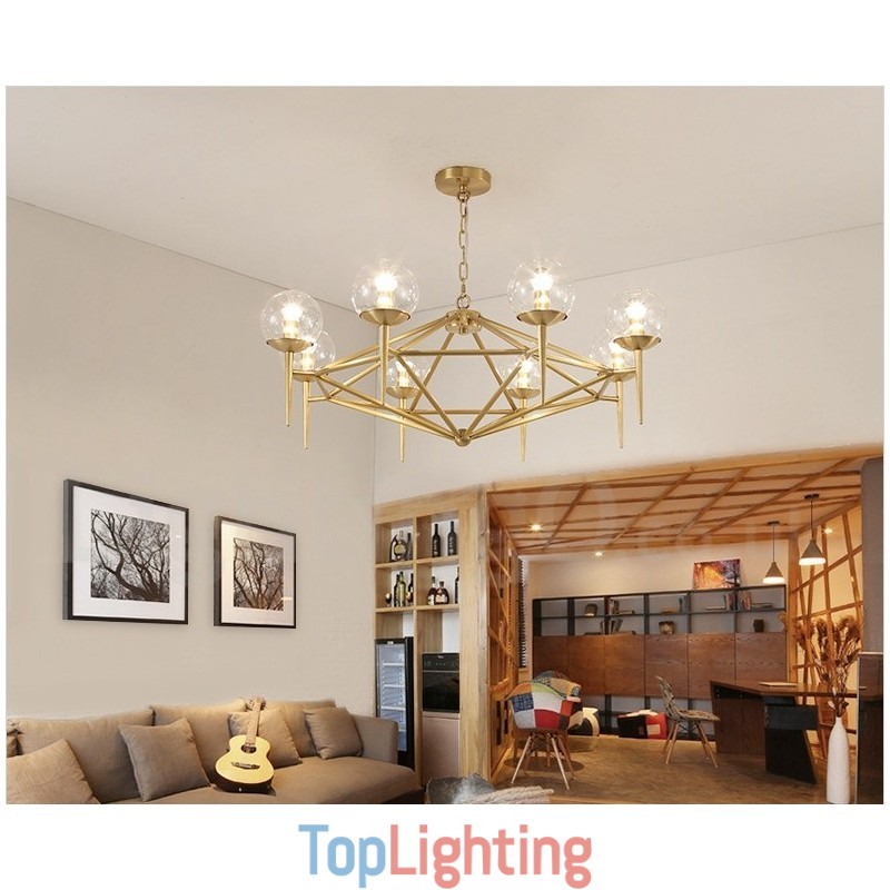 6 Light Retro Rustic Luxury Brass Pendant Lamp Chandelier with Glass Shade