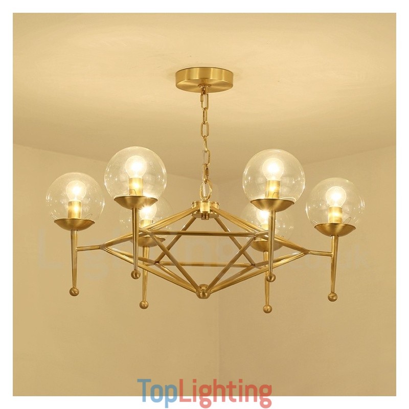 6 Light Retro Rustic Luxury Brass Pendant Lamp Chandelier with Glass Shade