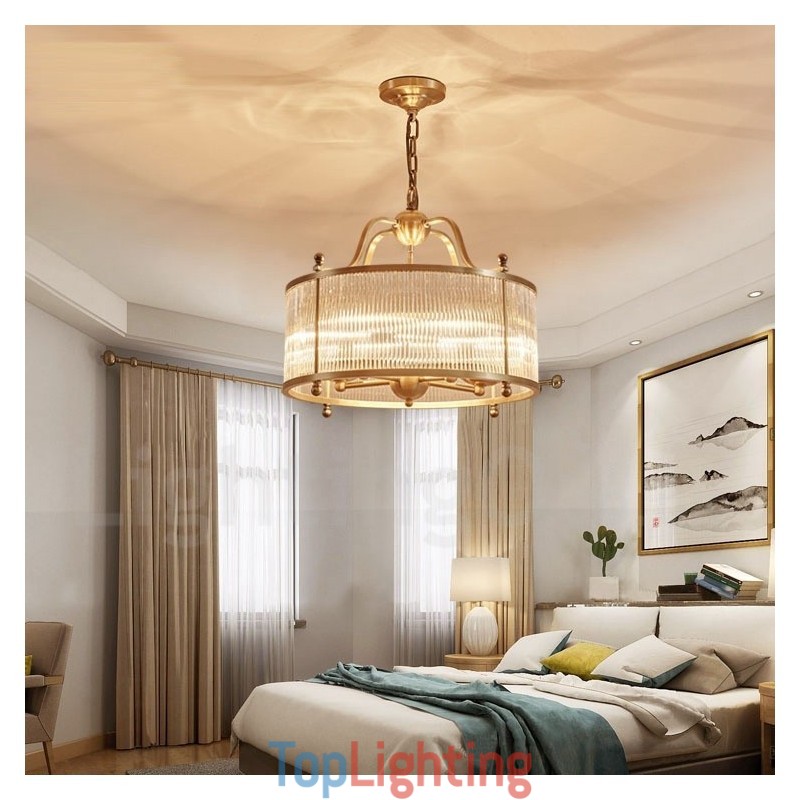 5 Light Retro Rustic Luxury Brass Pendant Lamp Chandelier with Glass Shade