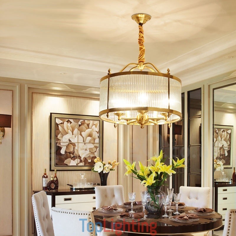 5 Light Retro Rustic Luxury Brass Pendant Lamp Chandelier with Glass Shade