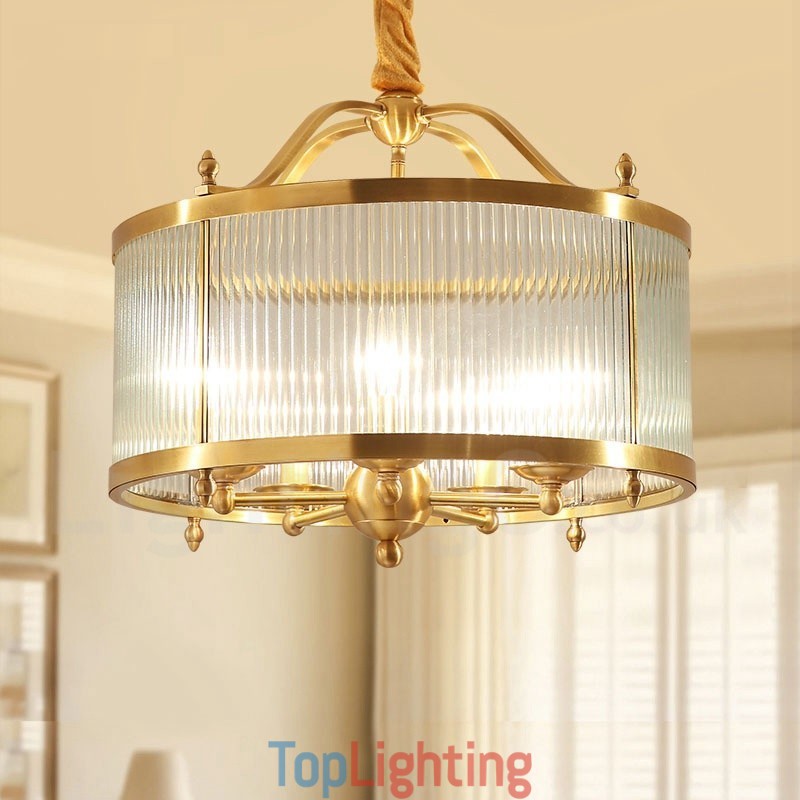 5 Light Retro Rustic Luxury Brass Pendant Lamp Chandelier with Glass Shade