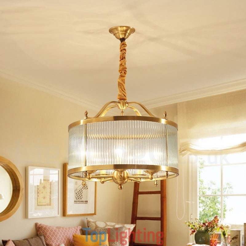 5 Light Retro Rustic Luxury Brass Pendant Lamp Chandelier with Glass Shade