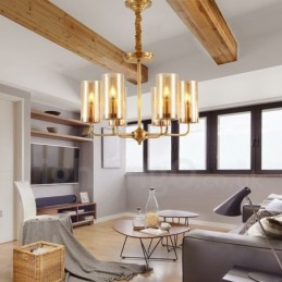 6 Light Retro Rustic Luxury Brass Pendant Lamp Chandelier with Glass Shade