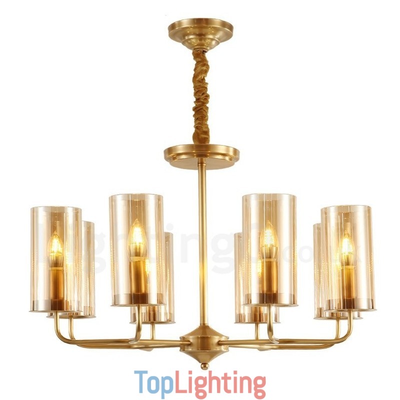 8 Light Retro Rustic Luxury Brass Pendant Lamp Chandelier with Glass Shade