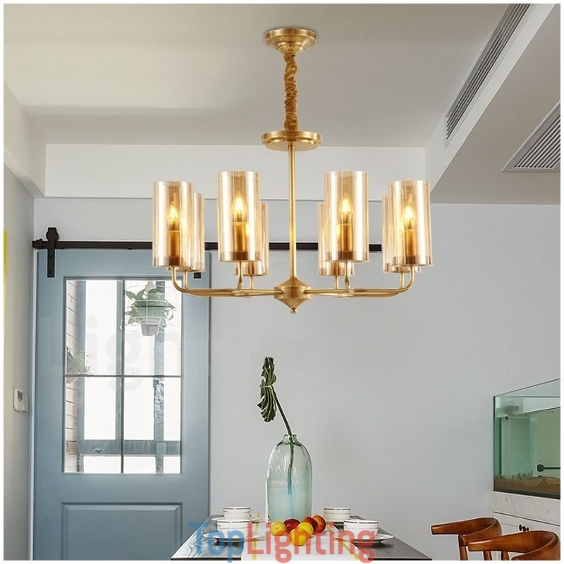 8 Light Retro Rustic Luxury Brass Pendant Lamp Chandelier with Glass Shade