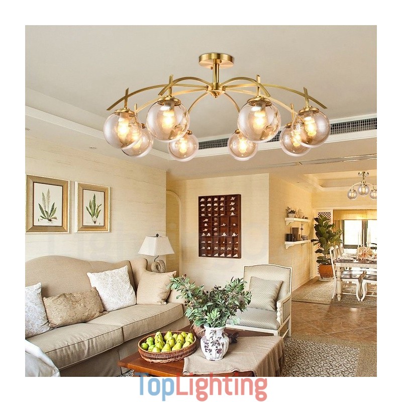 8 Light Retro Rustic Luxury Brass Pendant Lamp Chandelier with Glass Shade