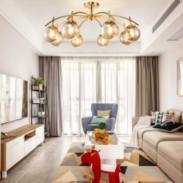 8 Light Retro Rustic Luxury Brass Pendant Lamp Chandelier with Glass Shade