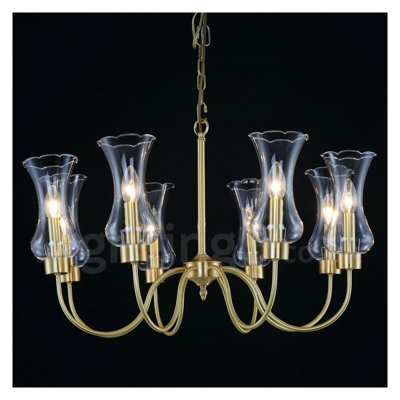 8 Light Retro Rustic Luxury Brass Pendant Lamp Chandelier with Glass Shade