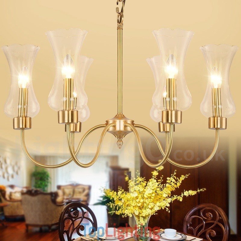 6 Light Retro Rustic Luxury Brass Pendant Lamp Chandelier with Glass Shade