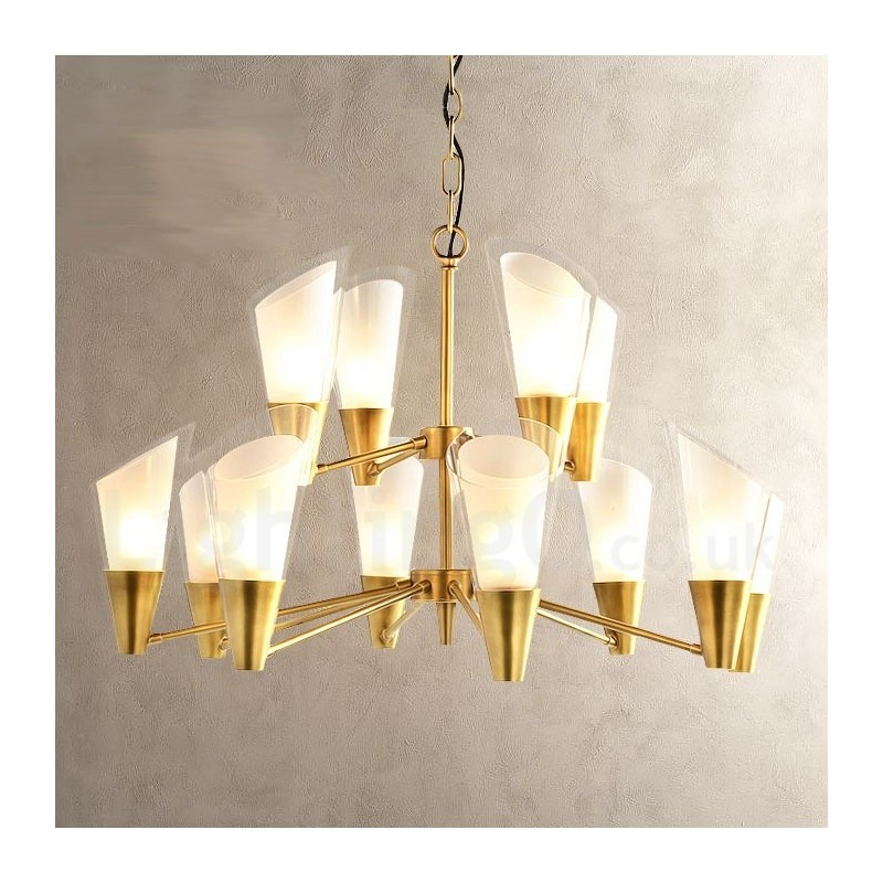 12 Light Retro Rustic Luxury Brass Pendant Lamp Chandelier with Glass Shade