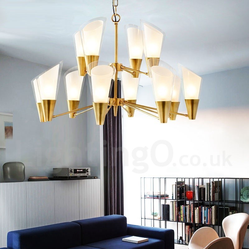 12 Light Retro Rustic Luxury Brass Pendant Lamp Chandelier with Glass Shade