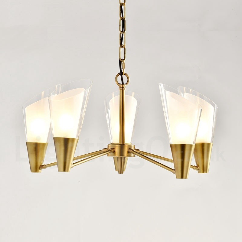 5 Light Retro Rustic Luxury Brass Pendant Lamp Chandelier with Glass Shade