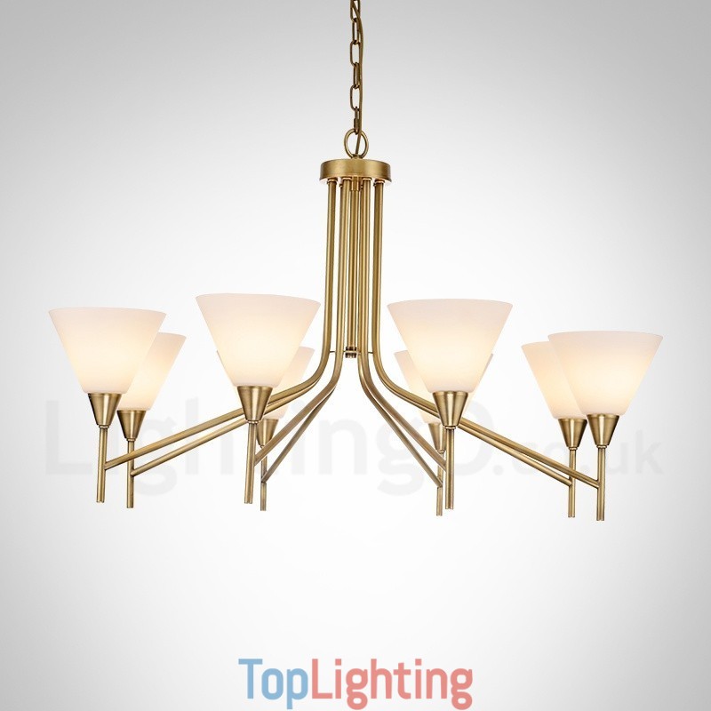 8 Light Retro Rustic Luxury Brass Pendant Lamp Chandelier with Glass Shade