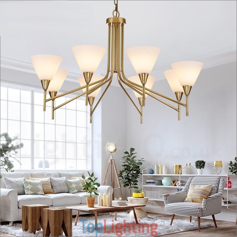 8 Light Retro Rustic Luxury Brass Pendant Lamp Chandelier with Glass Shade