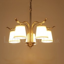 5 Light Retro Rustic Luxury Brass Pendant Lamp Chandelier with Fabric Shade