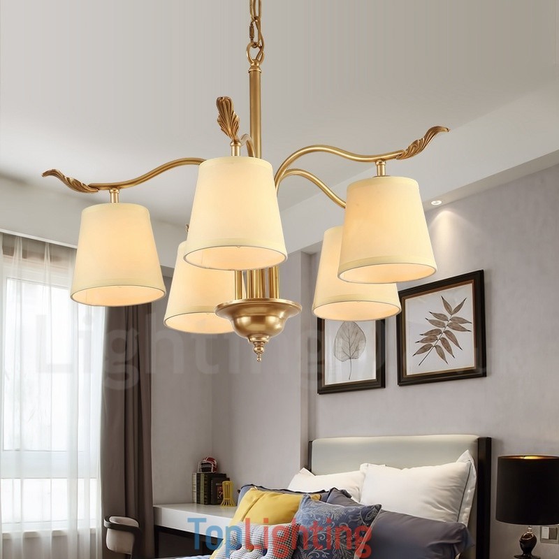 5 Light Retro Rustic Luxury Brass Pendant Lamp Chandelier with Fabric Shade