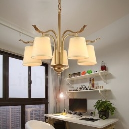 5 Light Retro Rustic Luxury Brass Pendant Lamp Chandelier with Fabric Shade